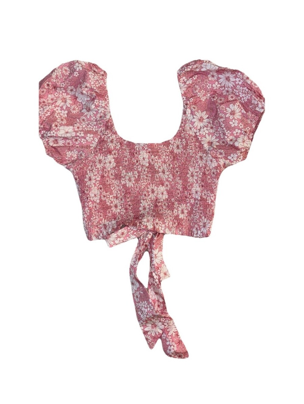 Altar’d State Top Cropped Size M Floral Pink Puff Sleeve Open Back